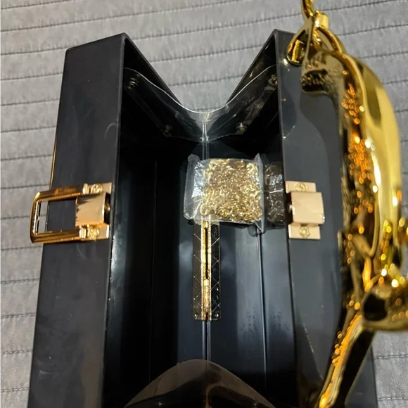 Plastic Black Clutch with Gold Leopard Handle - Picture 5 of 12